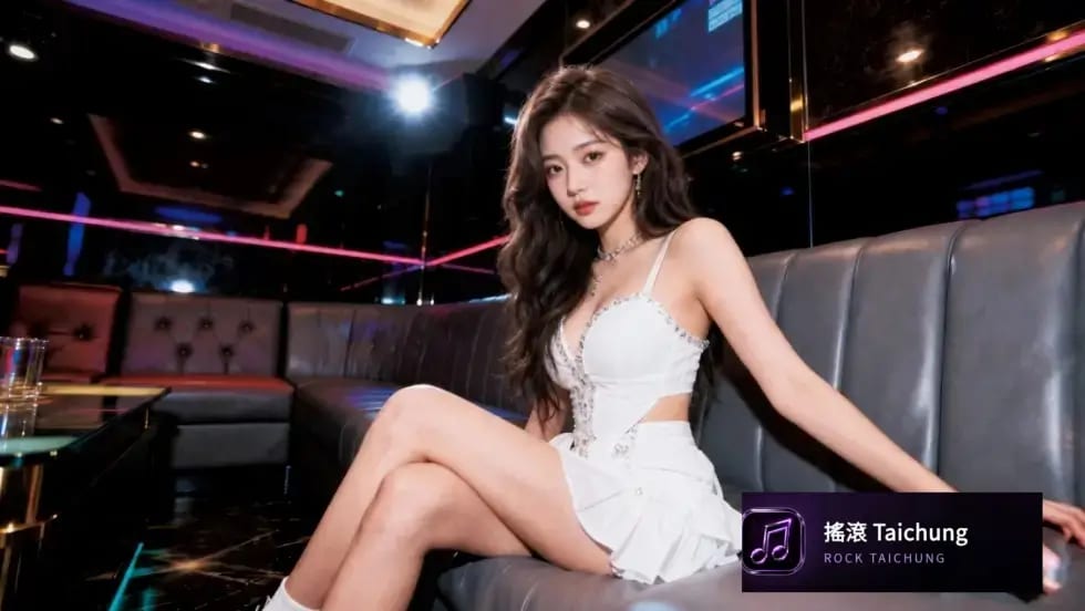 台中傳播.搖滾娛樂台中傳播女孩白色洋裝於霓虹KTV包廂照片