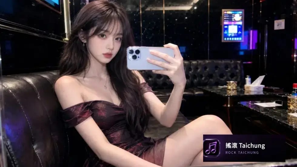 台中傳播．搖滾娛樂台中傳播女孩深色洋裝於KTV包廂手機自拍照