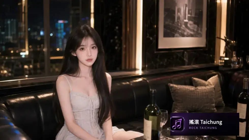 台中傳播.搖滾娛樂台中傳播女孩白色洋裝於夜景包廂沙發形象照