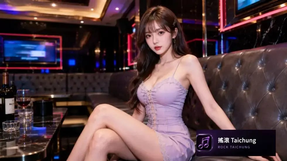 台中傳播.搖滾娛樂台中傳播女孩紫色洋裝於霓虹燈KTV包廂照片